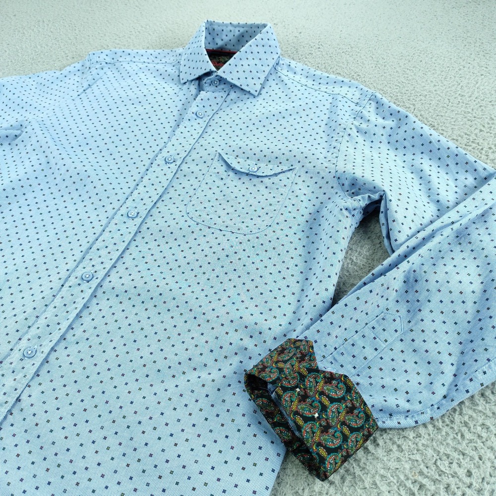 Visconti Black Button Up Mens Medium Blue Geometric Print Excellent Long Sleeve